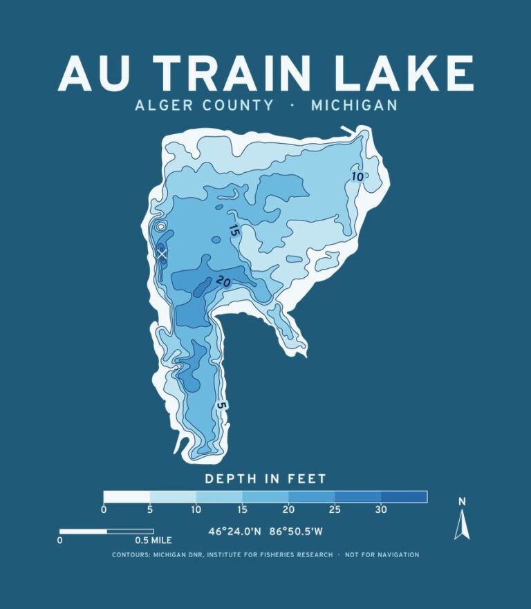 Au Train Lake depth chart (for dark shirts) design