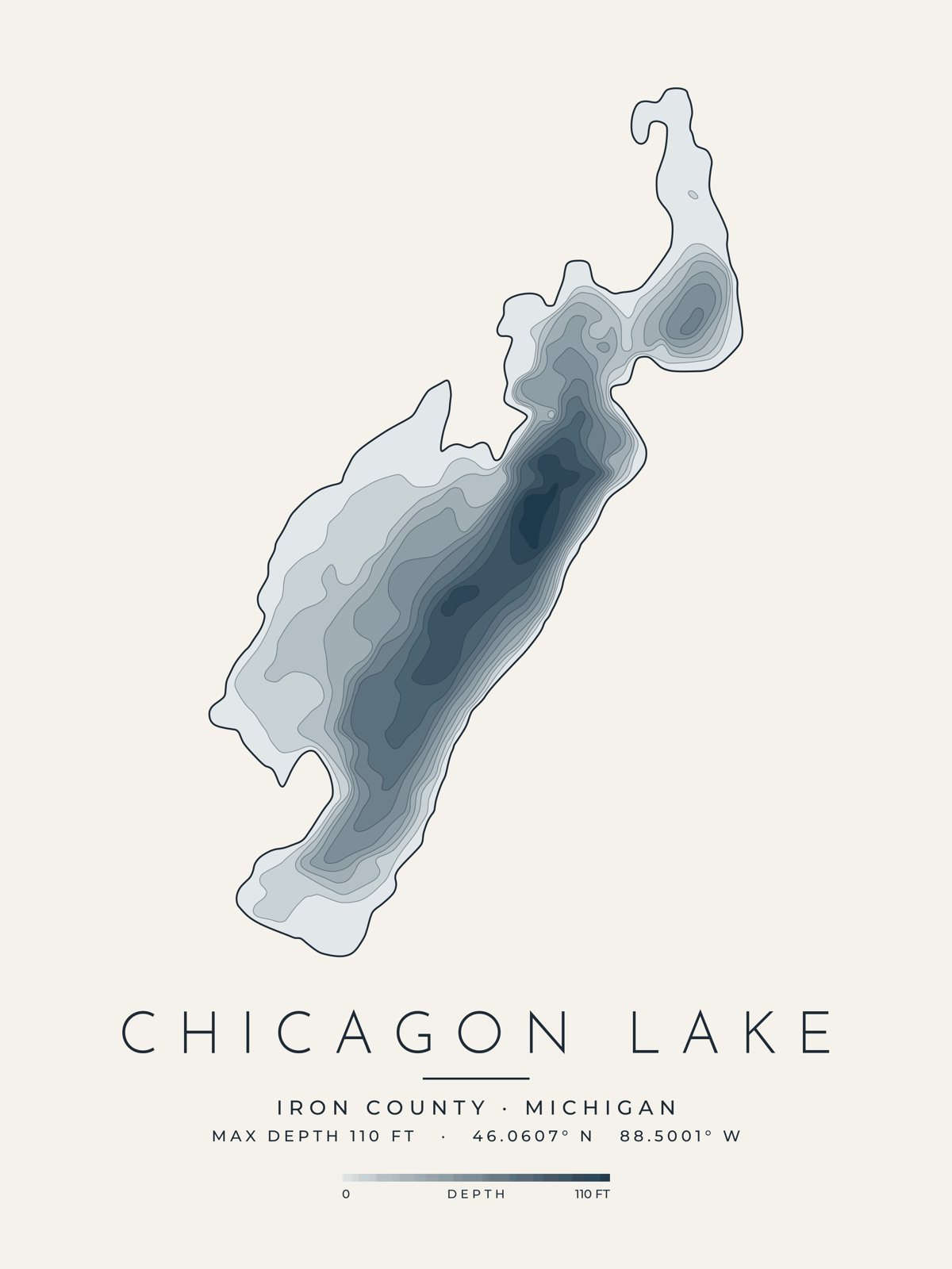 Chicagon Lake depth map, Iron County, Michigan