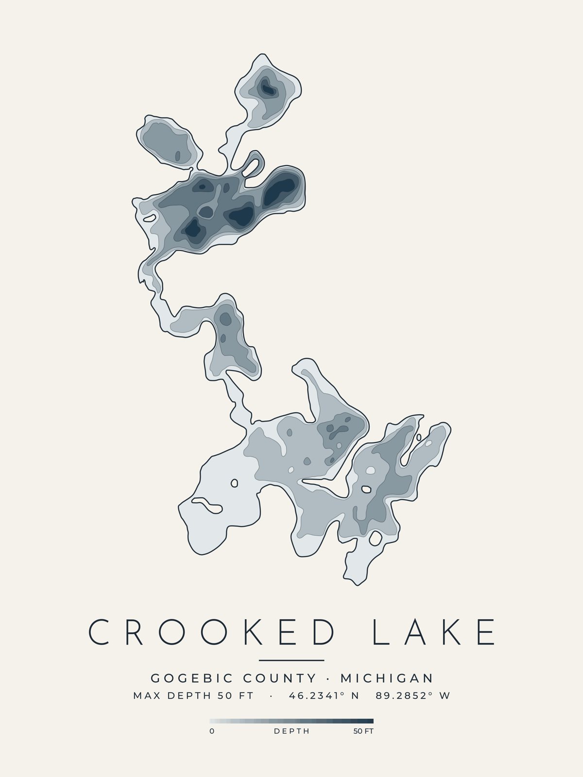 Crooked Lake depth map, Gogebic County, Michigan
