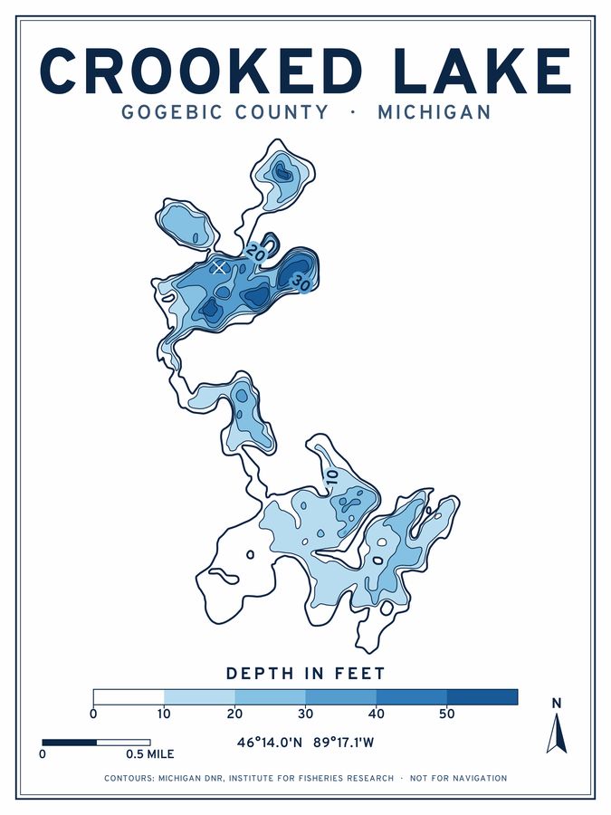 Crooked Lake depth chart poster design