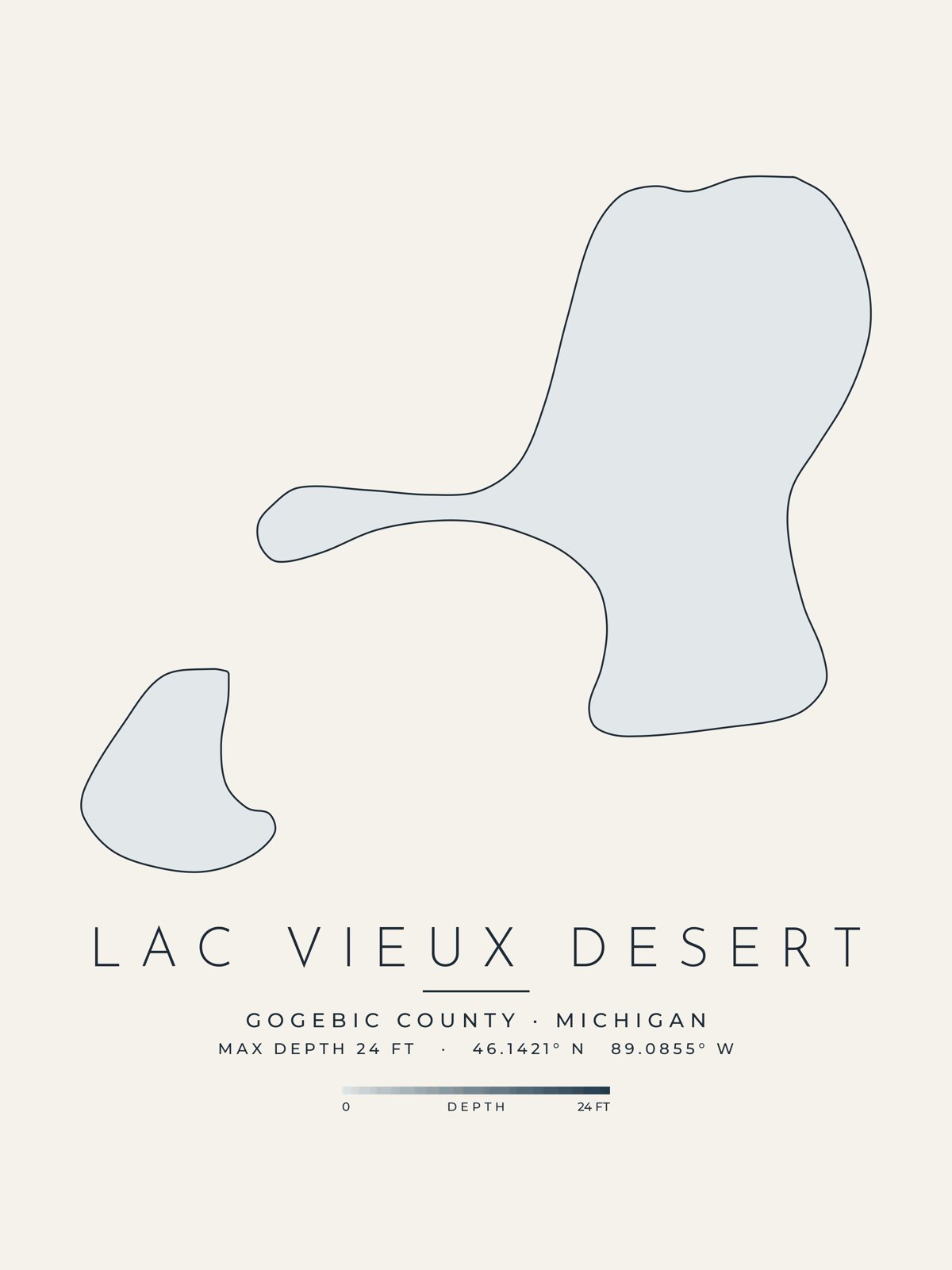 Lac Vieux Desert depth map, Gogebic County, Michigan