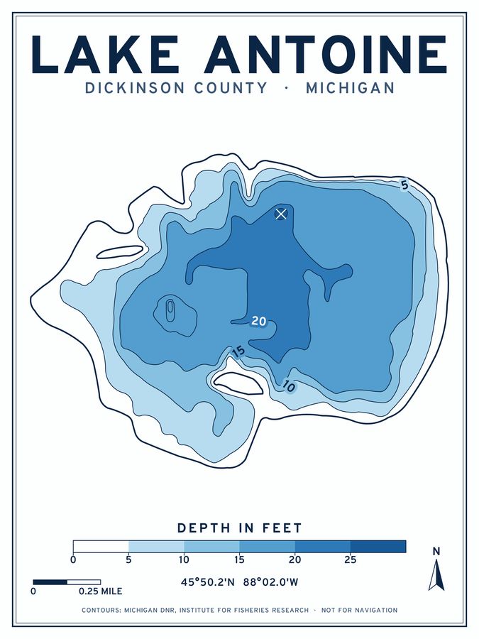 Lake Antoine depth chart poster design