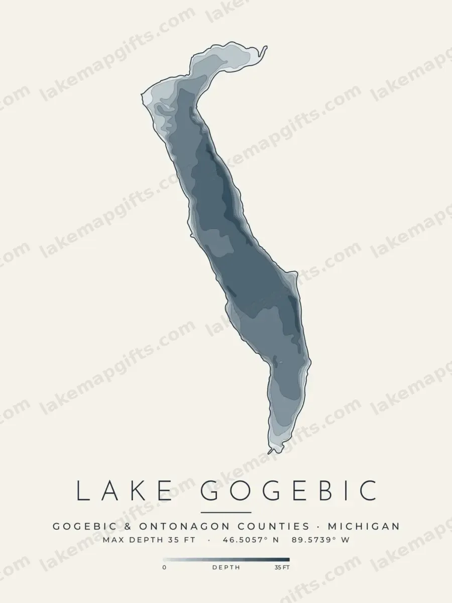 Lake Gogebic depth map, Gogebic County and Ontonagon County, Michigan