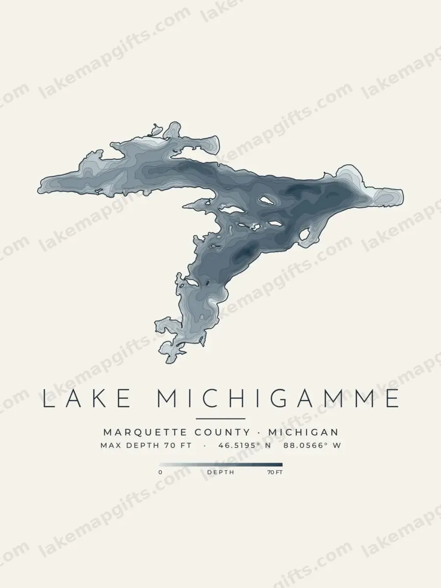 Lake Michigamme depth map, Marquette County, Michigan