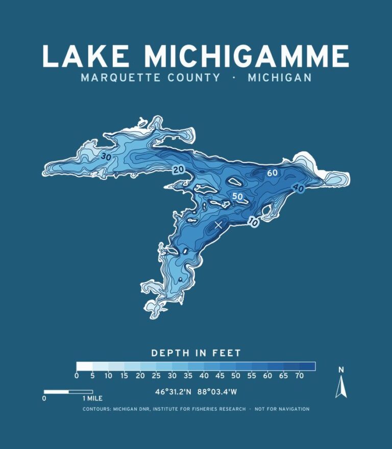 Lake Michigamme depth chart (for dark shirts) design