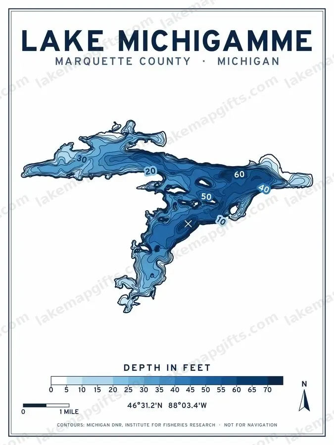 Lake Michigamme depth chart poster design
