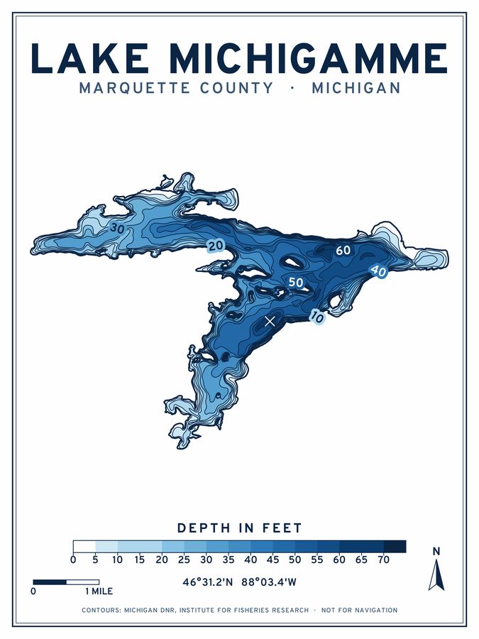 Lake Michigamme depth chart poster design