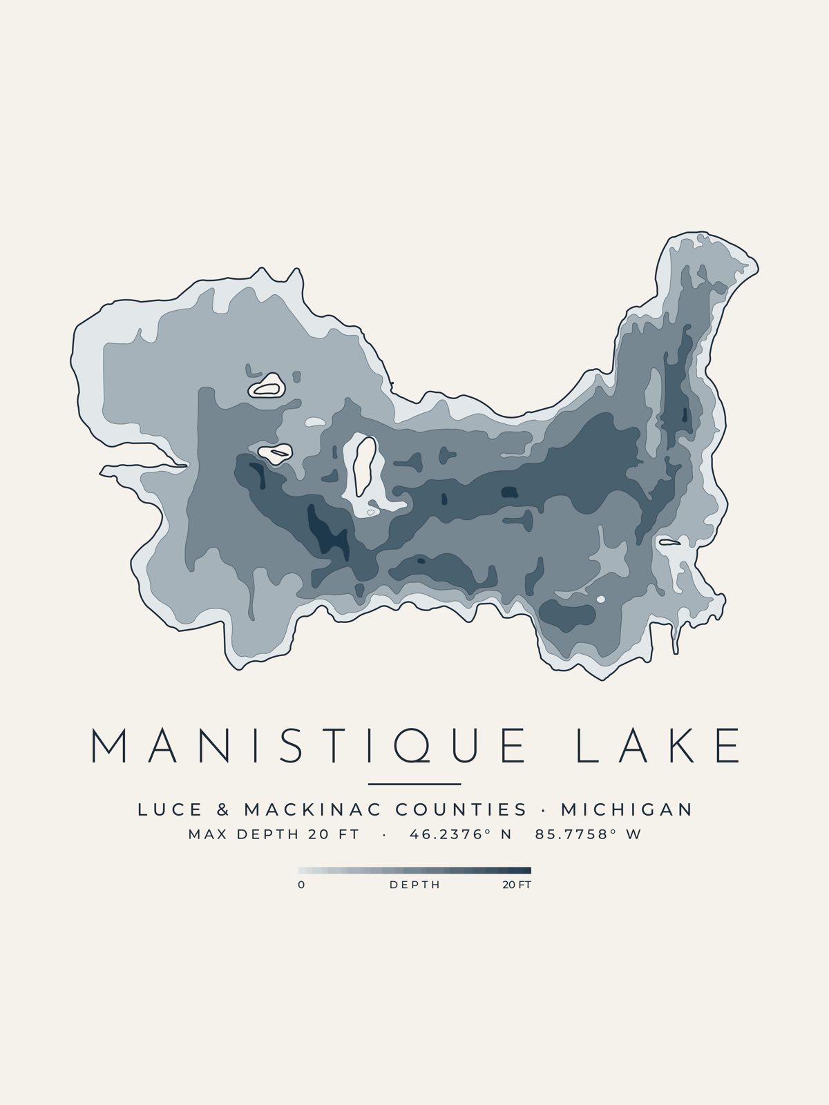 Manistique Lake depth map, Luce County and Mackinac County, Michigan