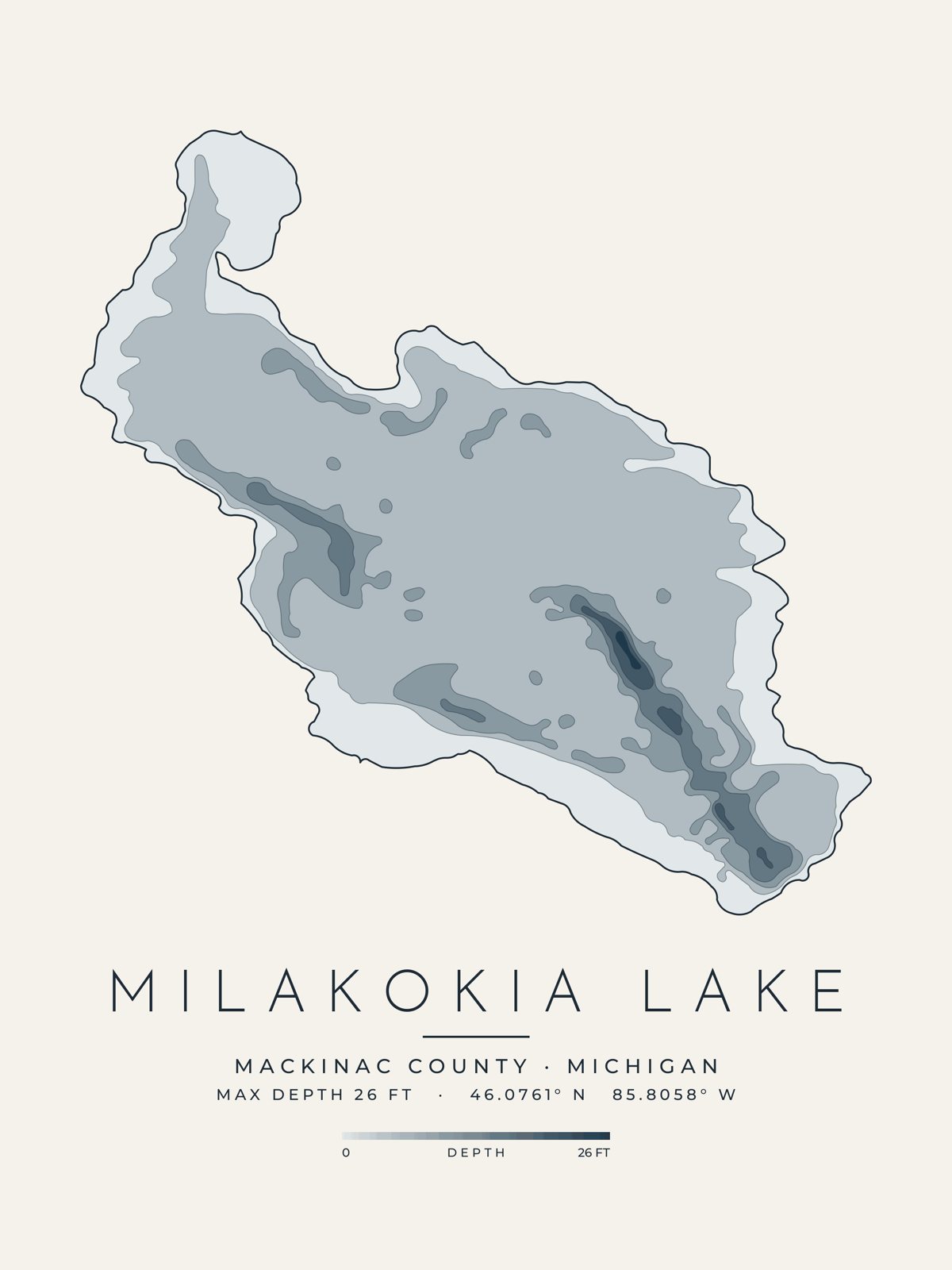 Milakokia Lake depth map, Mackinac County, Michigan