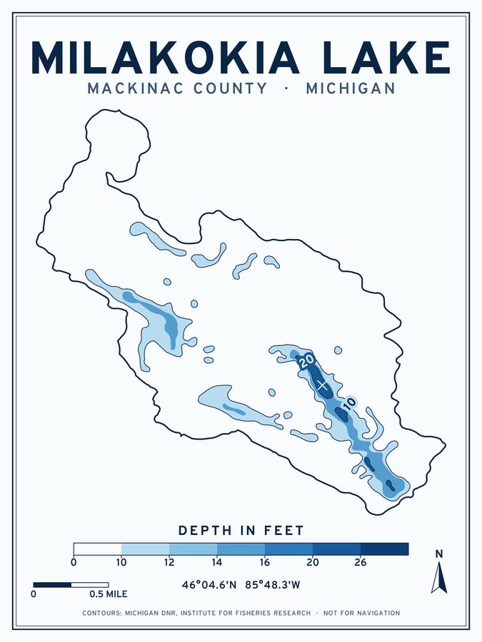 Milakokia Lake depth chart poster design
