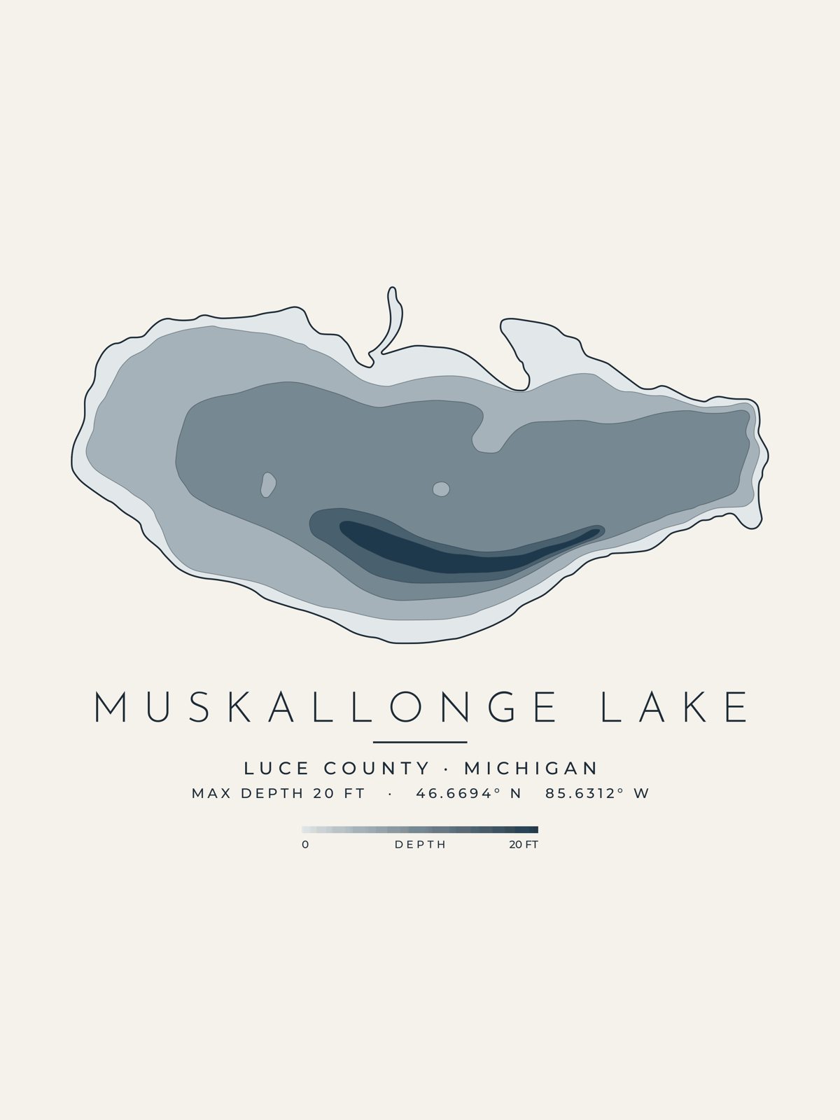 Muskallonge Lake depth map, Luce County, Michigan