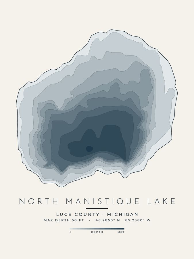 North Manistique Lake depth map print design
