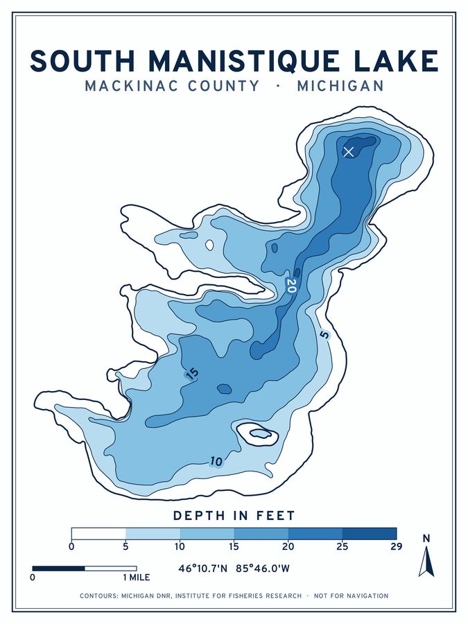South Manistique Lake depth chart poster design