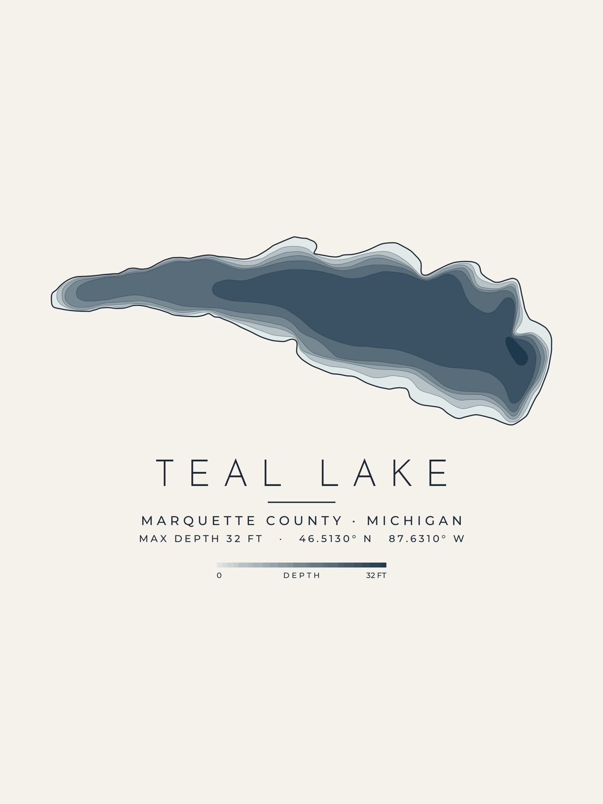 Teal Lake depth map, Marquette County, Michigan