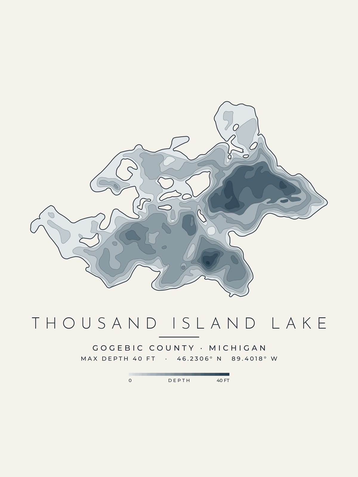 Thousand Island Lake depth map, Gogebic County, Michigan