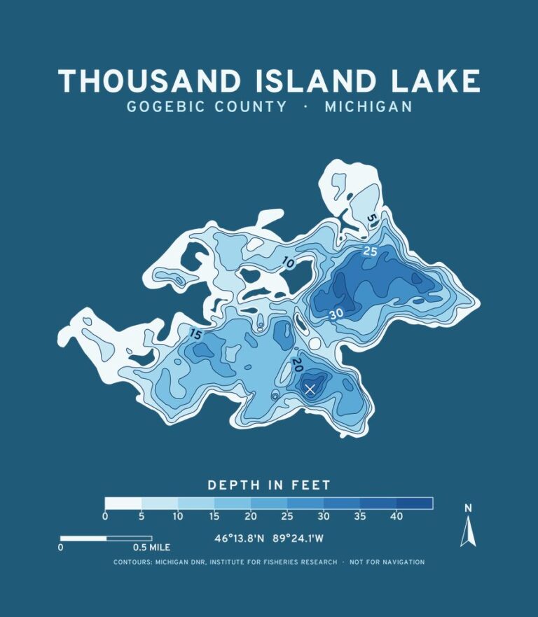 Thousand Island Lake depth chart (for dark shirts) design